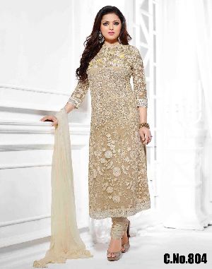 Cream Net Embroidered Straight cut Salwar suit