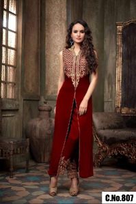 Maroon georgeette Embroidered Straight cut Salwar suit