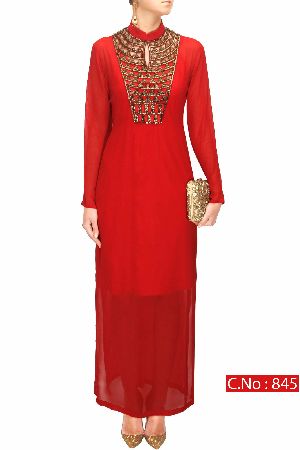 red Embroidered Straight cut Salwar suit