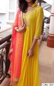 yellow Embroidery Mirror Handwork anarkali salwar suit