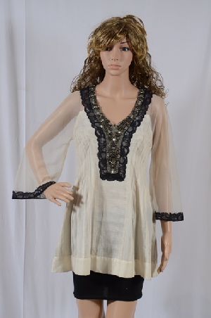 Ladies Cotton Gauze Tunic With Sheer Sleeves And Embroidered Front Panel
