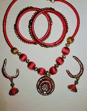 Pink silk thread jewellery set