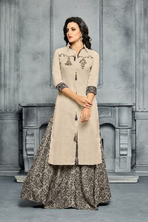 Designer Semi Stitched Chanderi Cotton Embroidered Sharara Salwar Suit