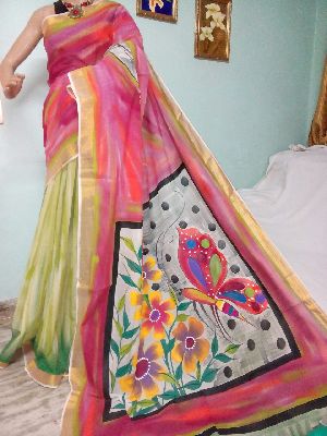 Kerala cotton Hand Painted Saree with blouse