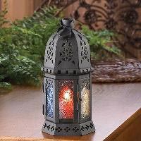 Colored Glass Moroccan Iron Candle Lantern