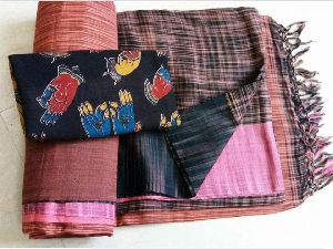 lite weight khadi cotton ikkat sarees with Kalamkari cotton blouse