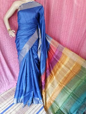 heavy zari border Tussar block printed saree