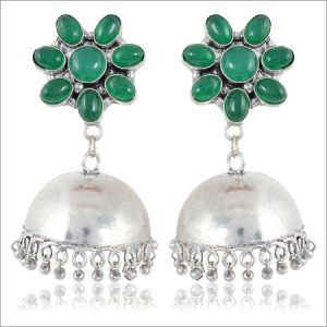 Green & Silver Brass Jhumki Earrings