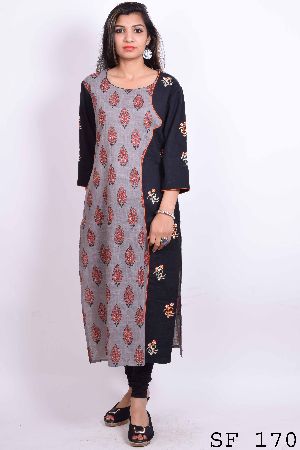 Sanganeri printed cotton slab straight long embroidered kurti