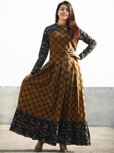 Maroon Rust Indigo Beige Hand Block Printed Long Cotton Dress With Box Pleats