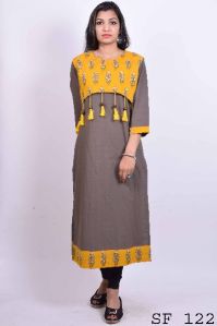 Sanganeri long straight short length jacket kurti with wooden balls