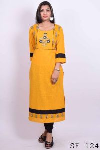 Sanganeri print with embroidered straight long Kurtis