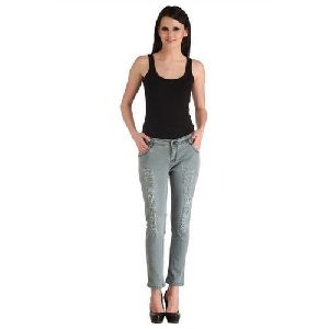 Ladies Printed Dark Blue Denim Jeans