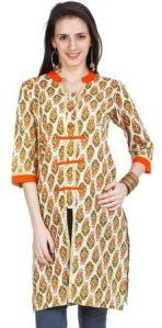 Zovi Orange Front Open Printed Kurti