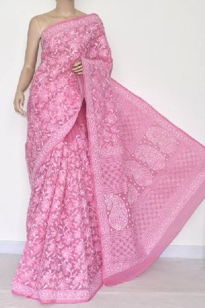Onion Allover Hand Embroidered Lucknowi Chikankari Saree (With Blouse - Cotton)