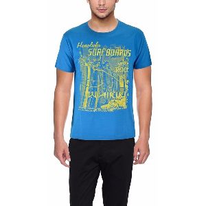 Mens Printed Blue Round Neck T-Shirt