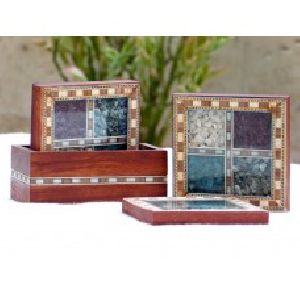 Beautiful Antique Design Gemstone Wooden Tea Coaster Set