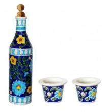 Blue pottery Wine / claret Bottle with two glasses