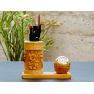 Home Essentials Multi-Functional Wooden Pen Stand with Clock