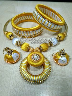 Silk Thread Necklace Earrings and Bangles - White and Yellow
