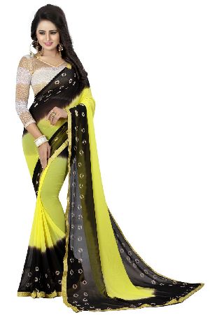 Black Yellow Bandhani Chiffon Sarees