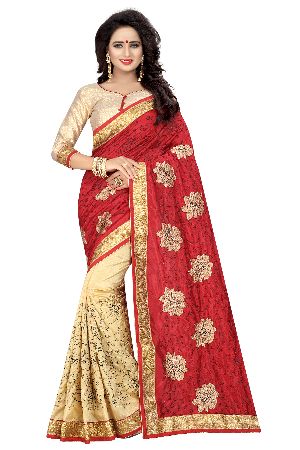 Silky Flower Red Embroidered Sarees
