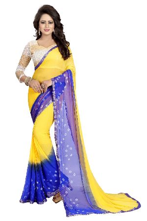 Yellow Blue Bandhani Chiffon Sarees