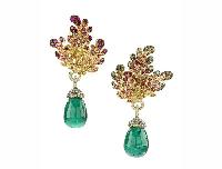 Leaf Shape 14k Yellow Gold Emerald Diamond Earring Jewelry