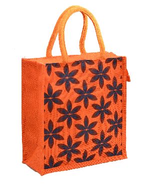 Orange Color Flower Design Jute Burlap Handbag Bag, Jute handbag