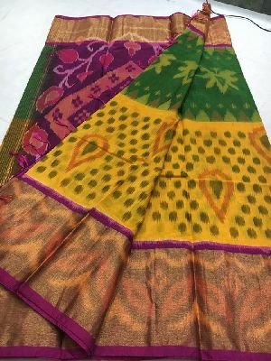 Handloom pure ikkat seiko soft silk sarees with big zari border