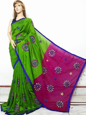 Machine embroidery on handloom cotton silk with worked blouse piece