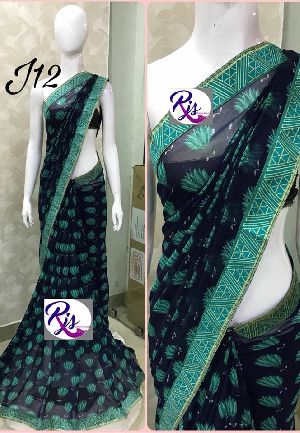 Rjs georgette printed sarees with raw silk blouse