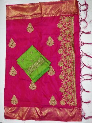 heavy embroidery work sana silk sarees with blouse