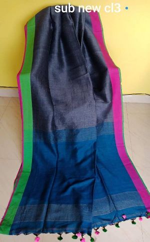 pure linen sarees with cotton pallu and blouse piece