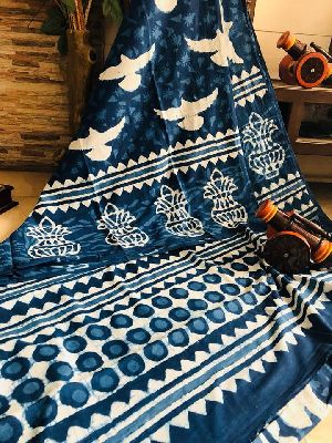 Shibori batik indigo hand block print cotton saree