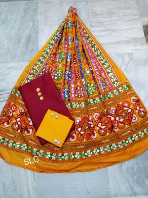 SLG raw silk suits with kutch work cotton dupatta