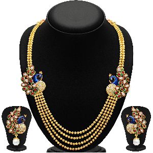 Sukkhi Gleaming Peacock Four Strings Gold Plated Necklace Set