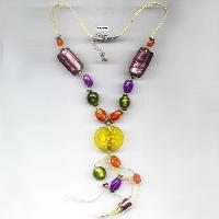 NE-608 leather cord Multi Colour Glass Beads Work necklace