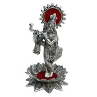 Krishna Playing Flute Statue Standing on Lotus in white metal