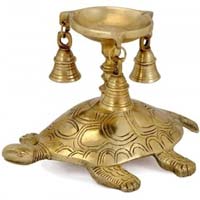 Oil diya with bells on Tortoise made in brass metal