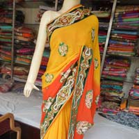 Designer Emroided Rasem Work Georgette Orange Saree