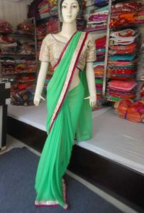 Designer Plain Georgette Yellow With Mirror Work Blouse Green Saree