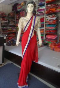 Designer Plain Georgette Yellow With Mirror Work Blouse Red Saree