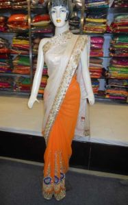 Designer Rasem with Zari Work Half Georgette Orange Saree