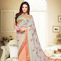 Dashing Peach Lace Work Pure Georgette Designer Saree