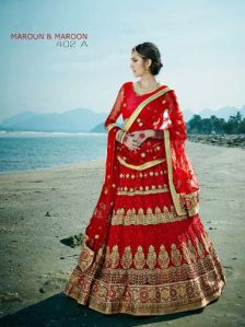 Foremost Dark Red Fancy Net Designer Lehenga Choli