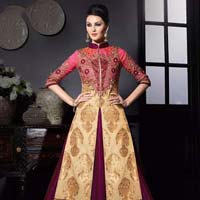 Glided Cream Bhagalpuri Silk Lehenga Style Churidar Suit