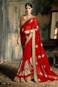 Glossy Red Georgette On Net Designer Saree