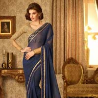 Navy Blue Patch Border Work Designer Saree