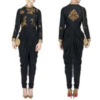 Titillating Black Georgette & Raw Silk Designer Suit